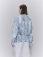 someone sometimes Glacier Blue Polyester V-neck Long Bell Sleeve Loose Fit Office Work Blouses