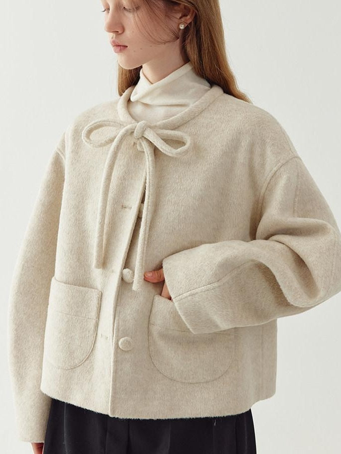 fano Wool Blend Minimal Single Breasted Vneck Pockets Women Cropped Jackets
