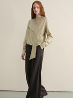 someonesometimes Breathable Casual Loose V-neck Tie Front Bell Sleeve Floral Cantaloupe Blouses