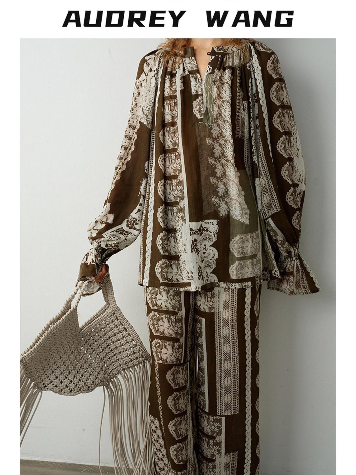 audreyyang Sustainable Viscose Ramie Printed Loose V-neck Long Sleeve Women Blouses