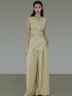 unspoken V-neck Khaki Two Piece Slim Fit Casual Office Women Long Pants Top & Pants Sets