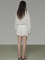 unspoken Pure Ramie Tie Waist Straight Leg Minimal Workwear Women White Mid-Length Shorts