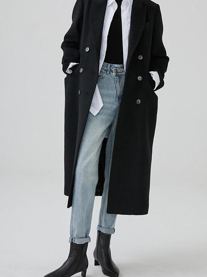 fano Thick Doublebreasted Blazer Collar Commuter Midlength Women Black Long Coats