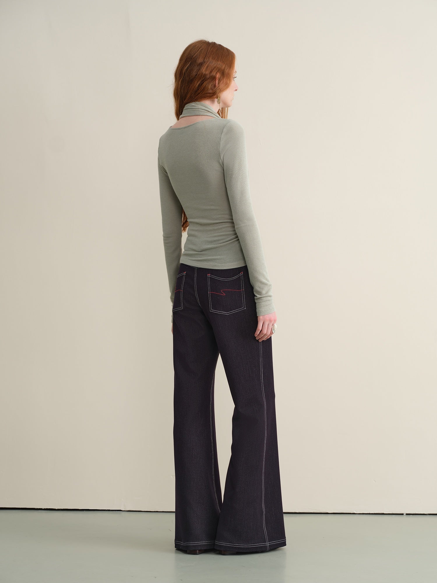 someone sometimes Stretch Minimal Natural Waist Topstitch Detail Women Midnight Blue Flared Jeans