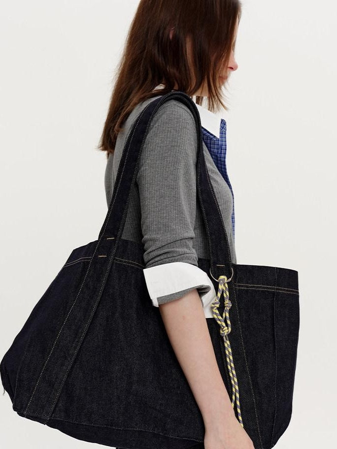 fano Spacious Open Top Casual Minimalist Denim Blue Everyday Women Tote Bags