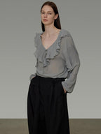 unspoken Breathable V-neck Ruffle Loose Fit Commuter Workwear Women Blue Pullover Blouses