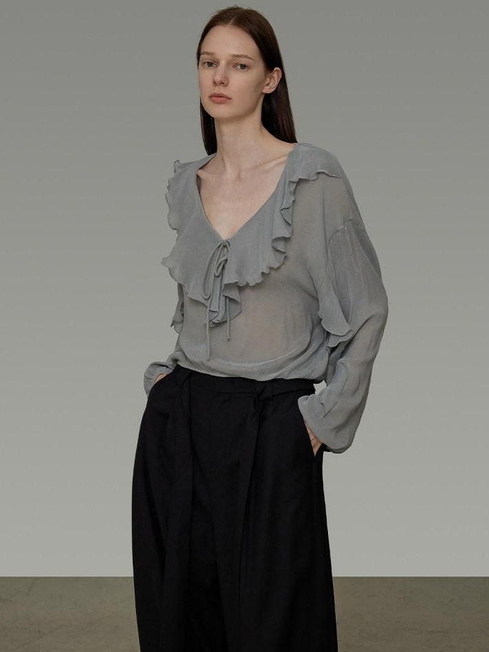 unspoken Breathable V-neck Ruffle Loose Fit Commuter Workwear Women Blue Pullover Blouses