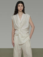 unspoken Breathable Linen Blend Sleeveless V-neck Tie Front Loose Fit Work White Blouses