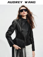 audreyyang Lambskin Vintage Loose Women Double Breasted Black Leather Jackets
