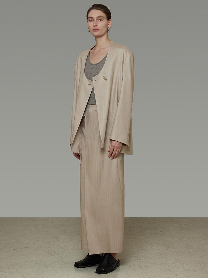 unspoken Breathable Tencel Loose Collarless No Button Minimalist Beige Women Blazers