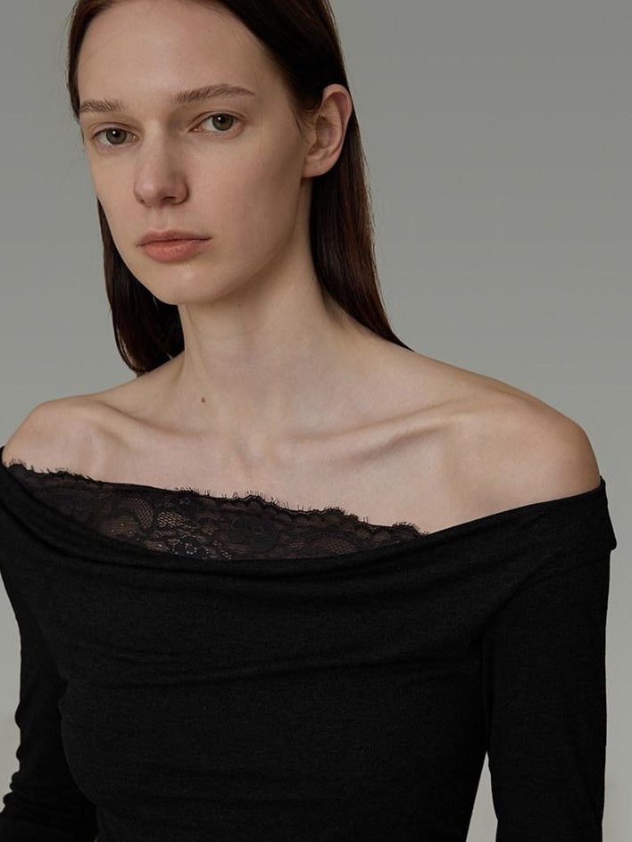 unspoken Lace Patchwork Off Shoulder Slim Fit Casual Knit Long Sleeve Black Blouses