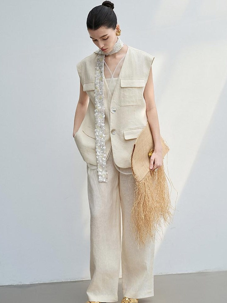 audreyyang Light Cream Linen V-neck Button Vest With Long Pants Women Top & Pants Sets