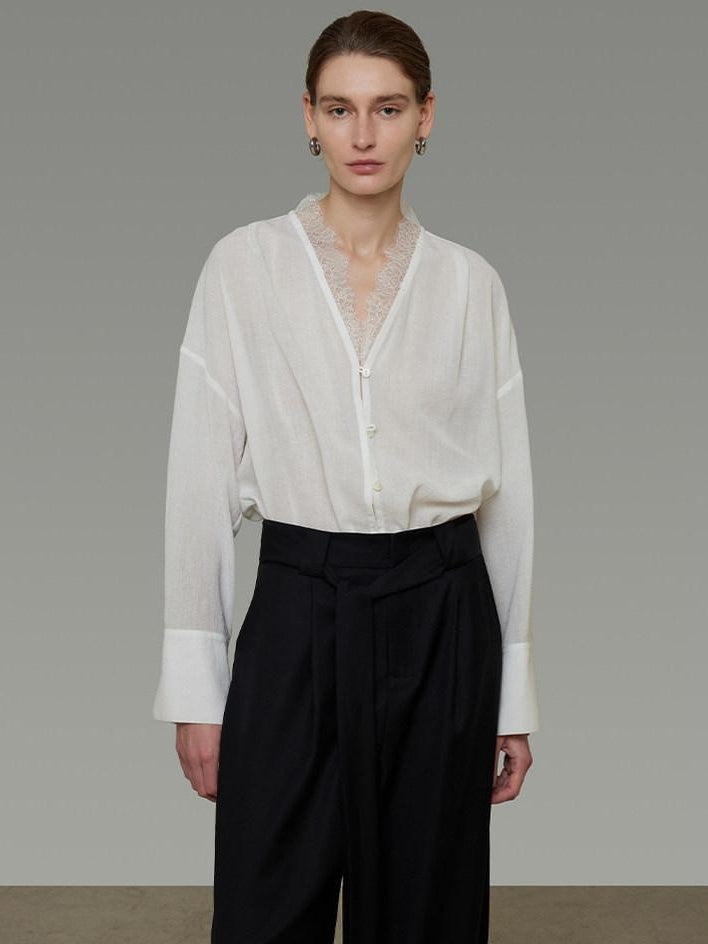 unspoken Breathable Lace V-neck Loose Fit Office Women Button Long Sleeve Blouses