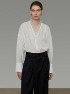 unspoken Breathable Lace V-neck Loose Fit Office Women Button Long Sleeve Blouses