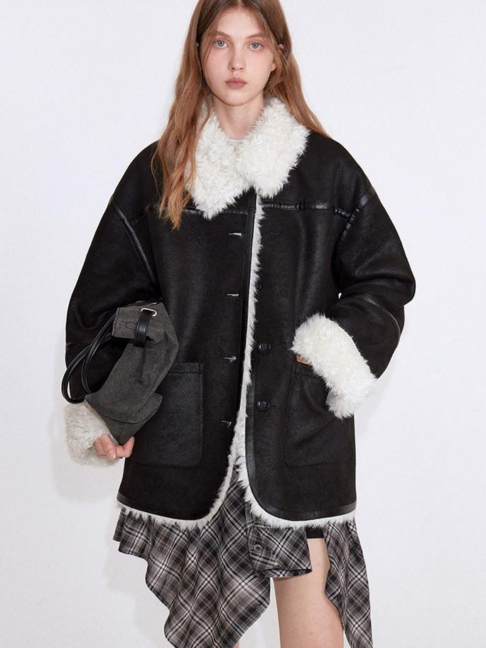 fano Contrast Color Trim Casual Loose Fit Lapel Collar Women Daily Black Short Coat