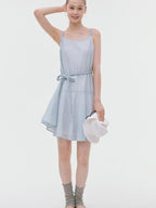 fano Elegant High Waist Aline Sleeveless Tie Waist Lyocell Light Blue Midi Dresses