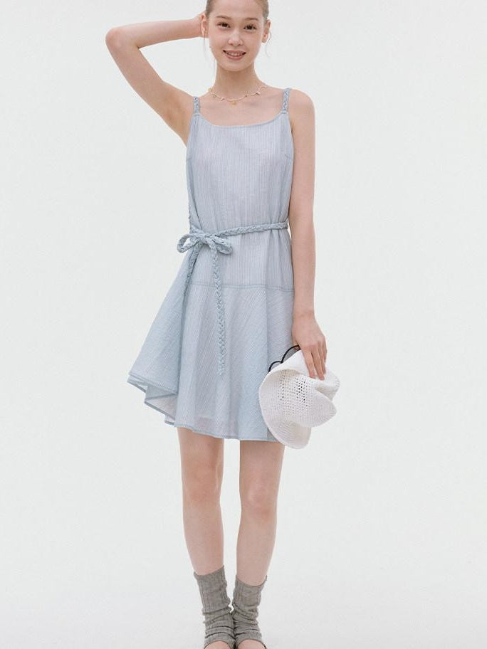 fano Elegant High Waist Aline Sleeveless Tie Waist Lyocell Light Blue Midi Dresses