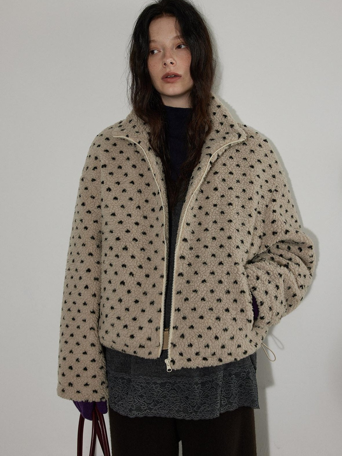 Lofi choose Cozy Modal Wool Blend Polka Dot Turtleneck Loose Fit Women Office Knit Sweaters