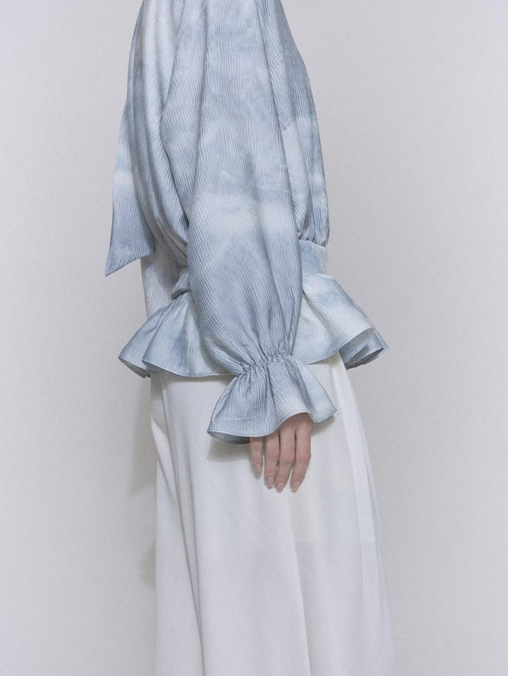 someone sometimes Glacier Blue Polyester V-neck Long Bell Sleeve Loose Fit Office Work Blouses