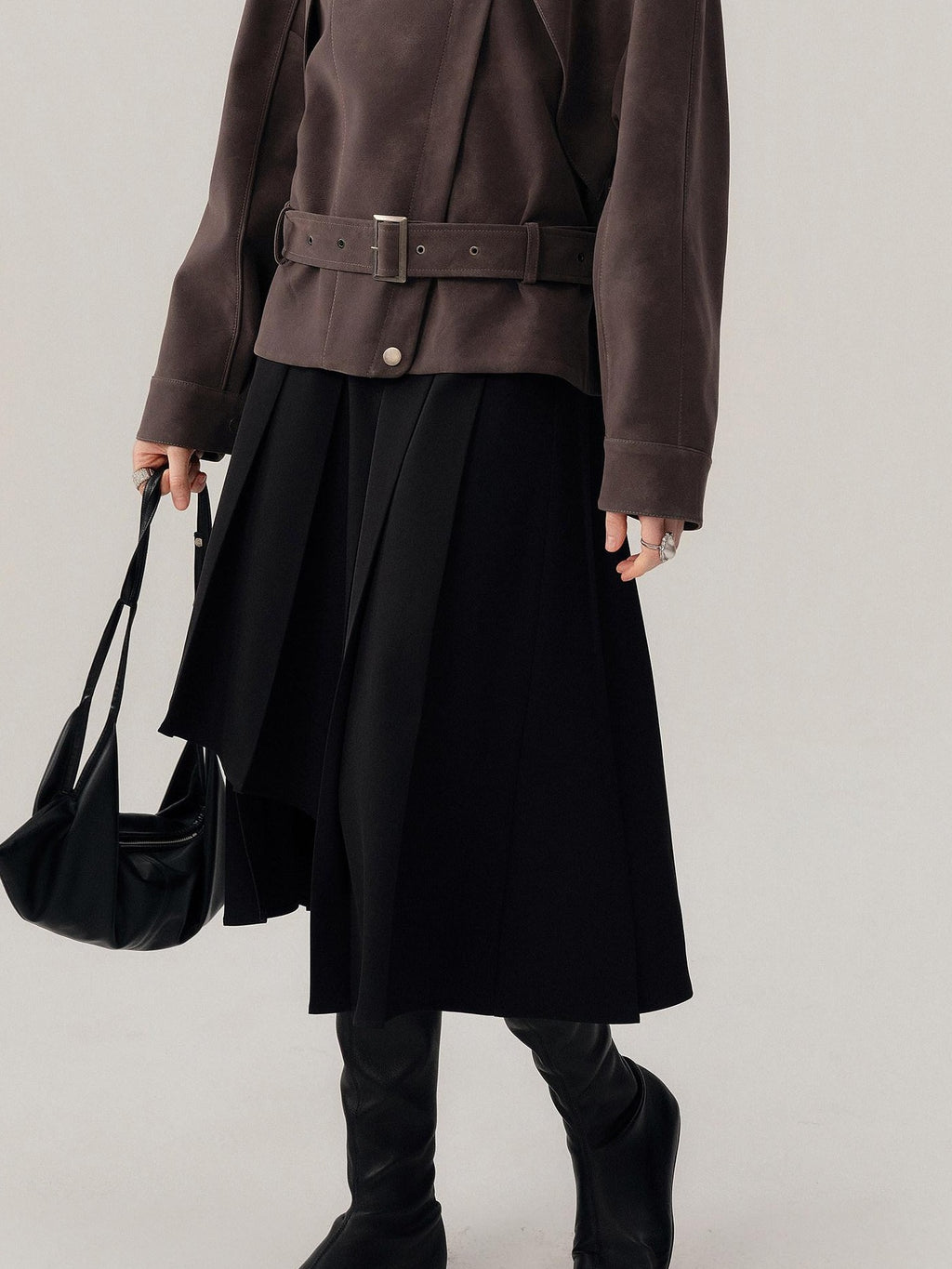 audreyyang Hand Pleated Lined Asymmetrical A Line Mid Waist Polyester Blend Midi Skirts