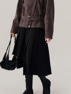 audreyyang Hand Pleated Lined Asymmetrical A Line Mid Waist Polyester Blend Midi Skirts