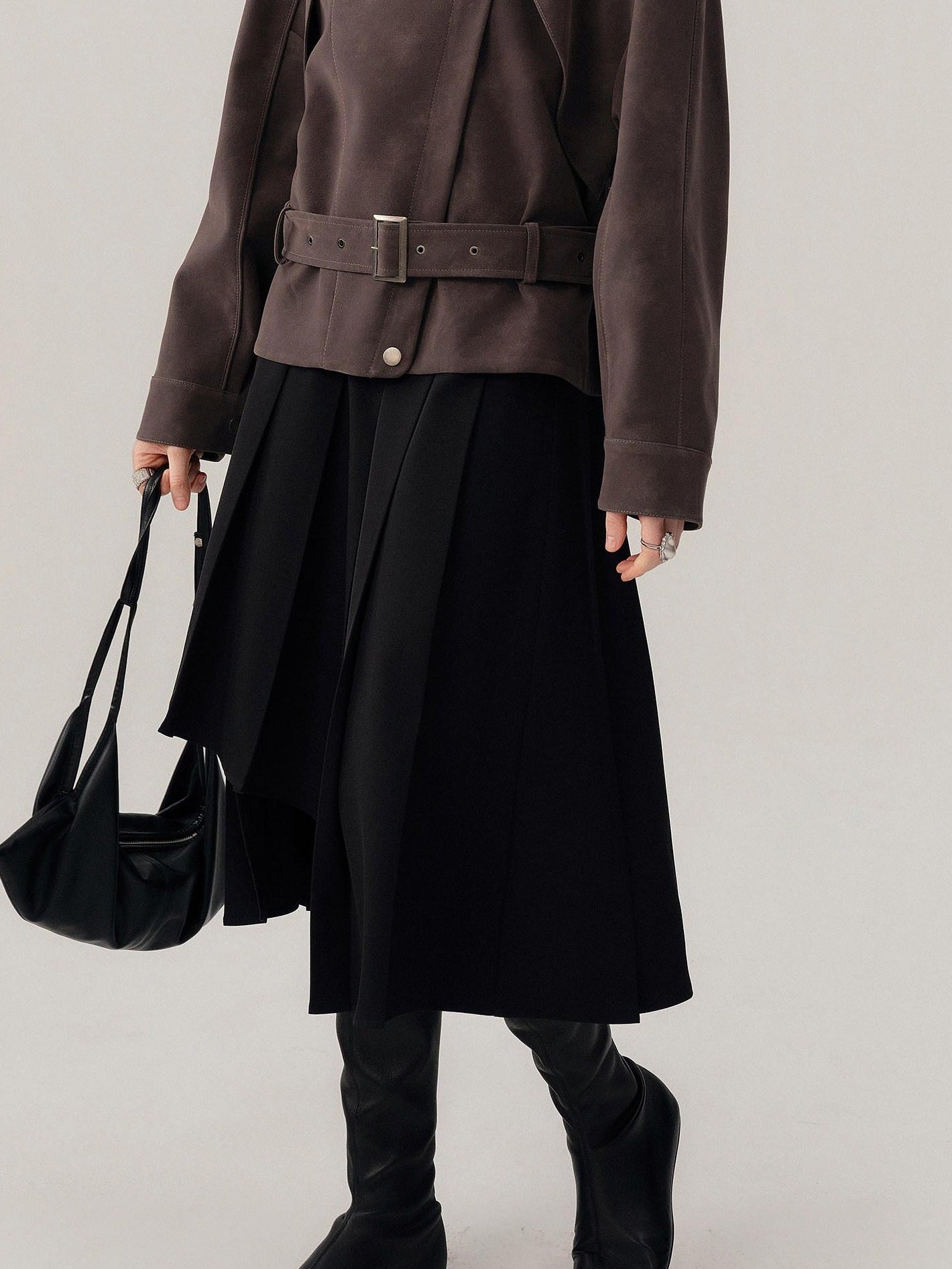 audreyyang Hand Pleated Lined Asymmetrical A Line Mid Waist Polyester Blend Midi Skirts