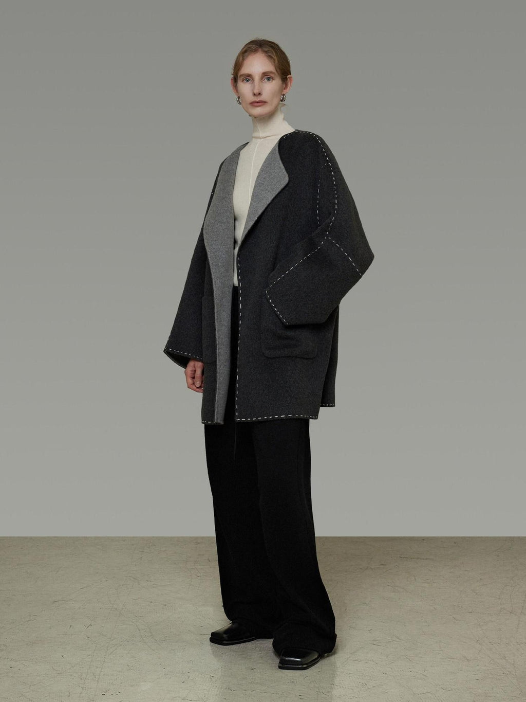 unspoken Warm Thick 3D Tailored Loose Fit Lapel Collar Commuter Women Charcoal Wool Coats