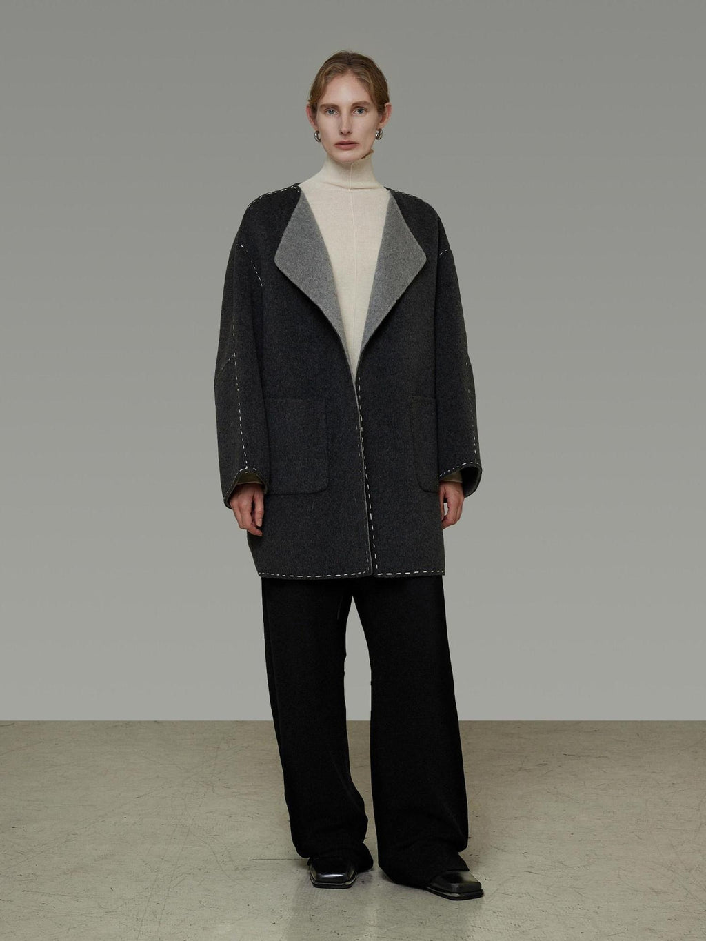 unspoken Warm Thick 3D Tailored Loose Fit Lapel Collar Commuter Women Charcoal Wool Coats