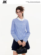 ikyou Breathable Cottonblend Slim Fit Embroidered Stripe Round Neck Women Tops Blouses