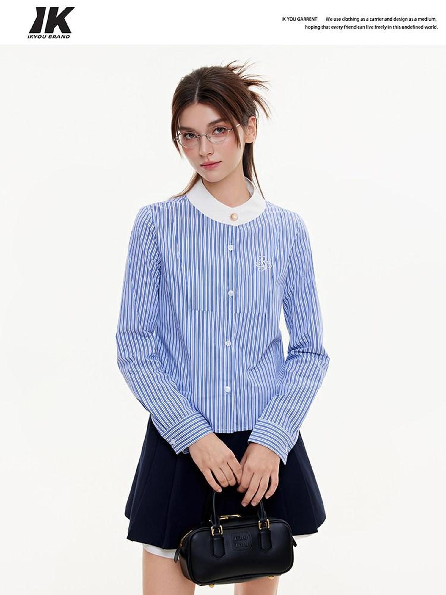 ikyou Breathable Cottonblend Slim Fit Embroidered Stripe Round Neck Women Tops Blouses