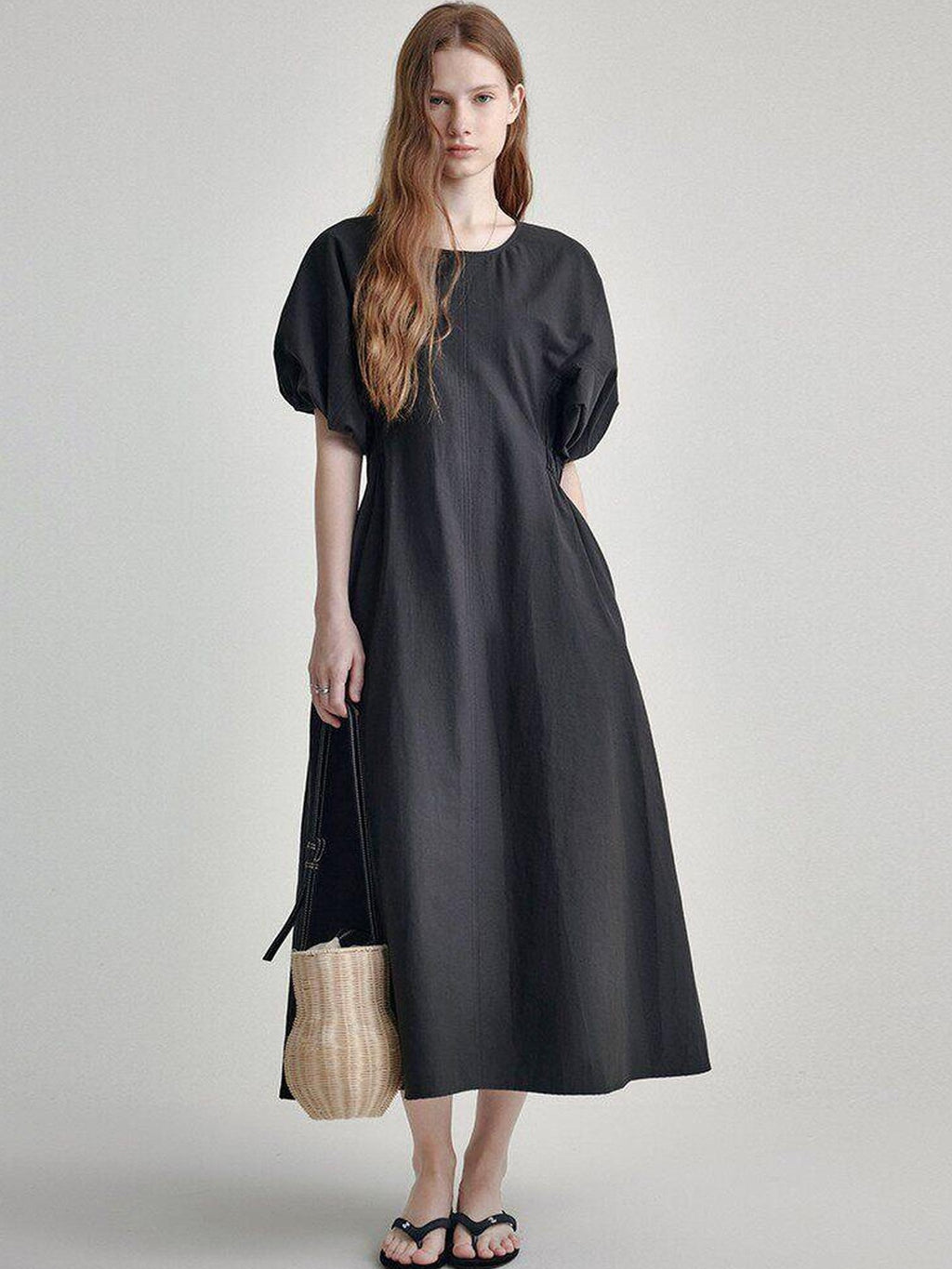 fano Structured High Waist Workwear A Line Short Sleeve Cotton Blend Maxi Dresses