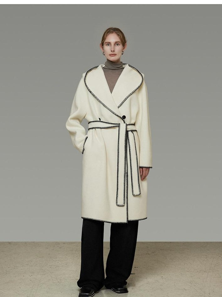 unspoken Thick Hooded Oversized Mid Length Tie Belt Minimalist Commuter White Wool Coats