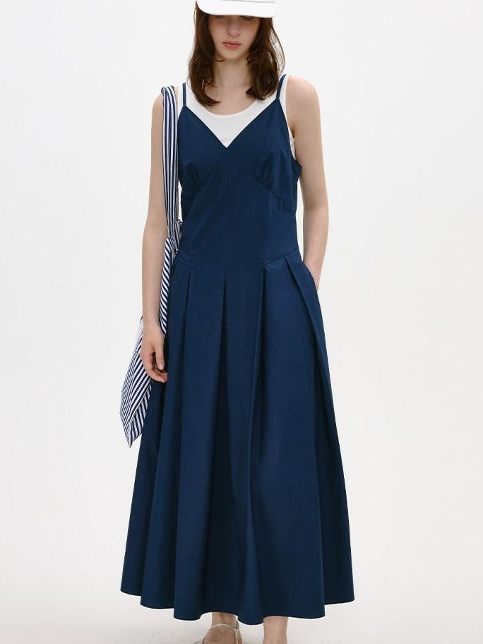 fano Cotton Spaghetti Strap A Line V-neck Office Antique Blue Maxi Dresses