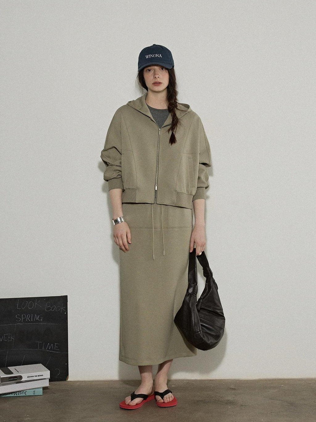 Lofi choose Hooded Zip Cardigan Loose Fit Long Sleeve Workwear Light Green Top & Skirt Sets
