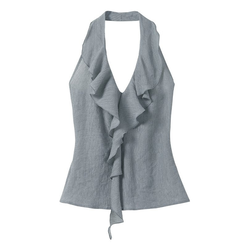 someonesometimes Original Design Wave Fringe Slim Fit Men Mist Blue Rayon Halter Crop Tops