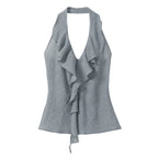 someonesometimes Original Design Wave Fringe Slim Fit Men Mist Blue Rayon Halter Crop Tops
