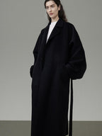 unspoken 100 Percent Wool Minimal Straight Long Tie Office Women Black Wool Coats