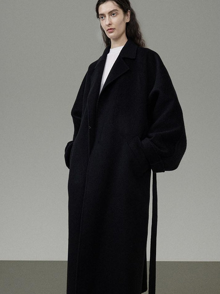 unspoken 100 Percent Wool Minimal Straight Long Tie Office Women Black Wool Coats