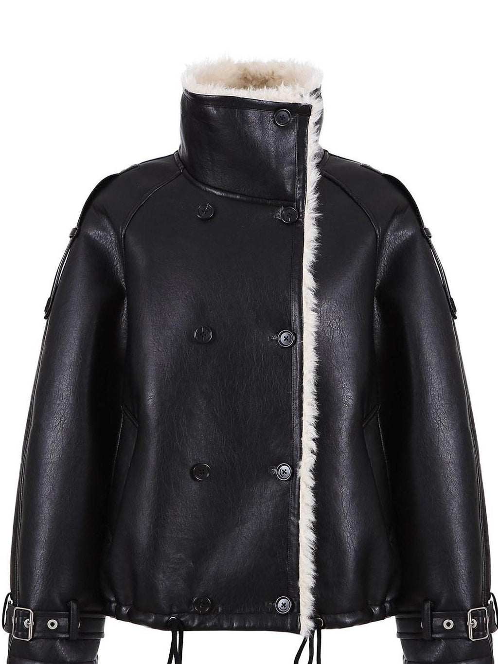 fano Warm Shearling High Collar Double Breasted Loose Fit Women Black Leather Jackets