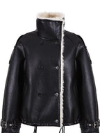 fano Warm Shearling High Collar Double Breasted Loose Fit Women Black Leather Jackets