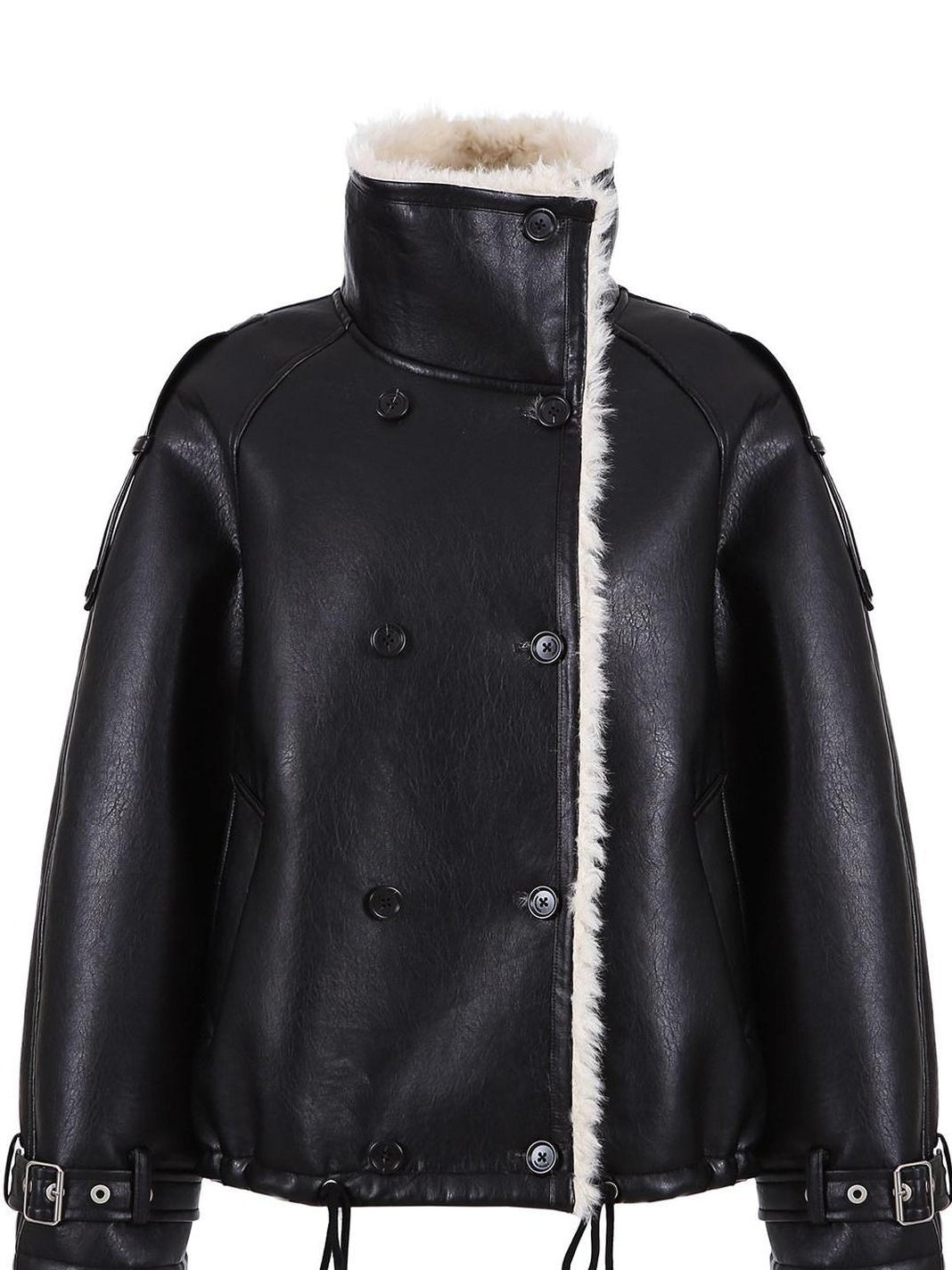 fano Warm Shearling High Collar Double Breasted Loose Fit Women Black Leather Jackets
