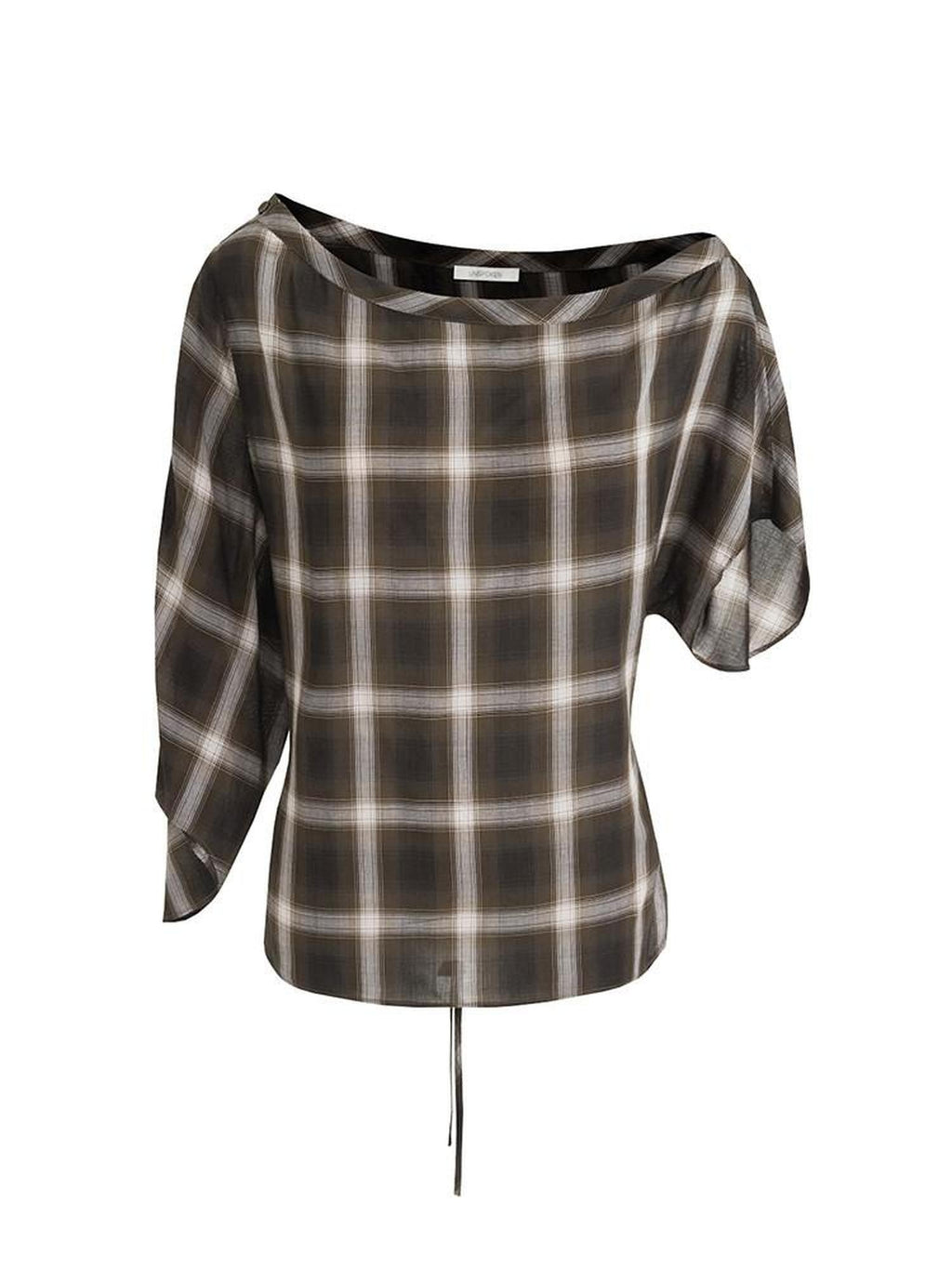 unspoken Breathable Viscose Slim Asymmetric Slant Neck Green Plaid Off Shoulder Crop Tops