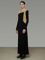 unspoken Breathable Lyocell Knit Slim A Line Waist Cinch V-neck Black Ladies Maxi Dresses