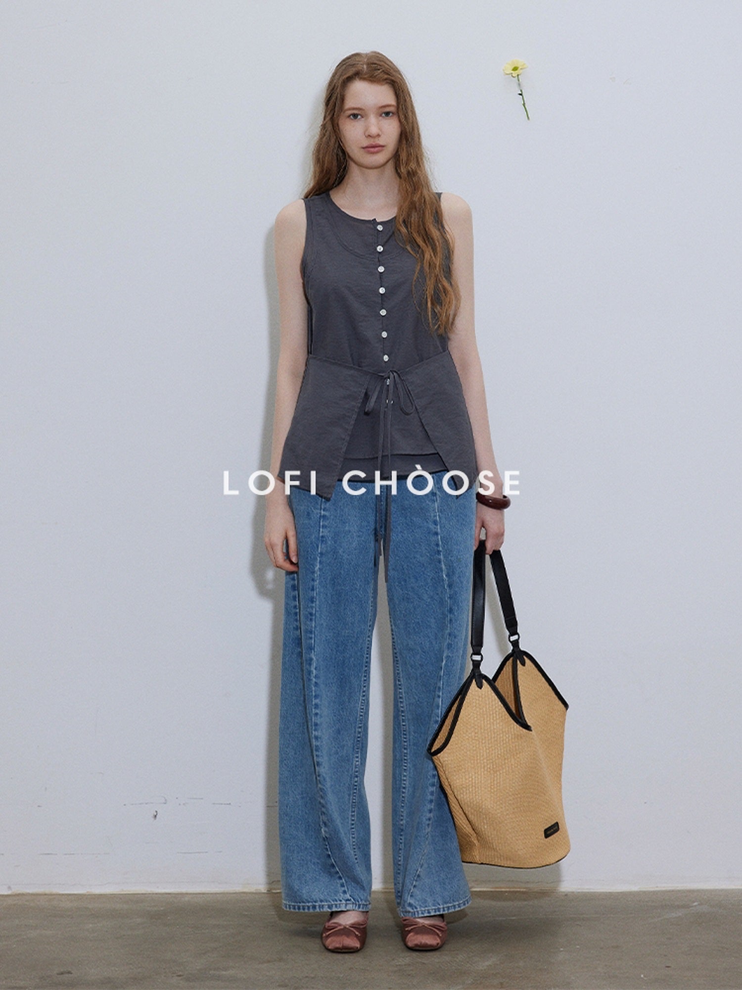 Lofi choose Button Front Loose Workwear Sleeveless Charcoal Off Shoulder Crop Tops