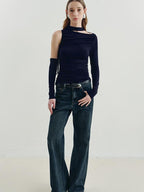someonesometimes Vintage Washed Low Rise Distressed Denim Stretch Women Deep Indigo Flared Jeans