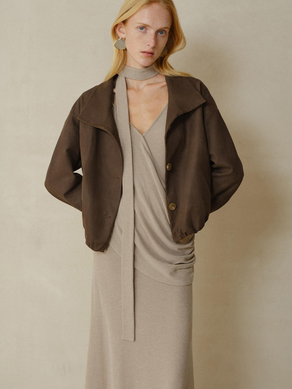 someonesometimes Stretch Polyester Vintage Loose Short Zip Women Coffee Brown Cropped Jackets
