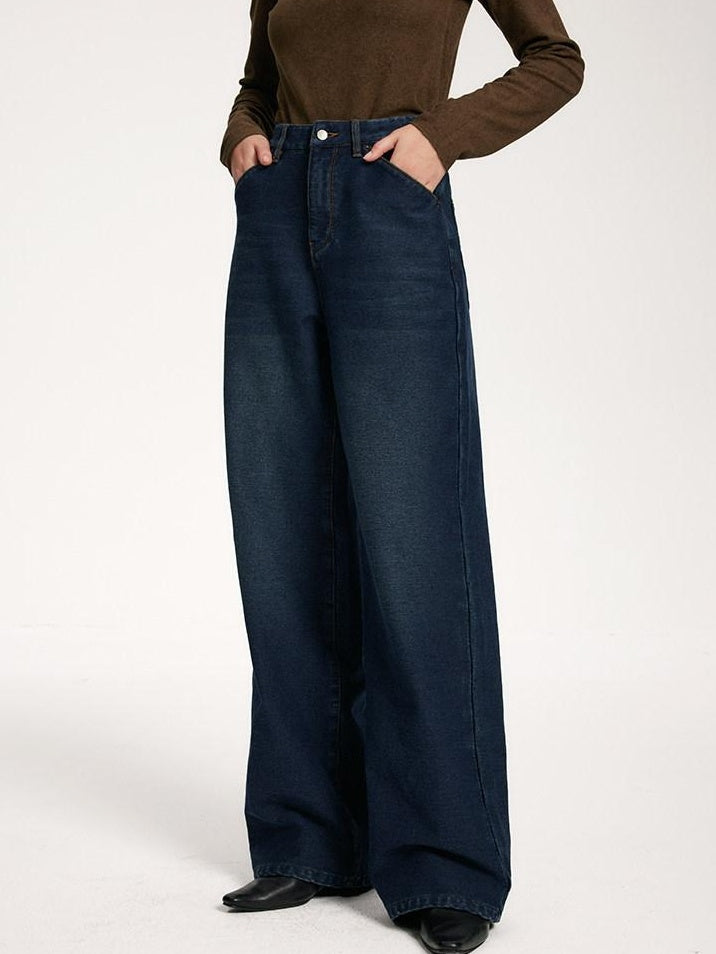 someone sometimes Vintage Blue Natural Waist Relaxed Fit Casual Polyester Wide Leg Jeans