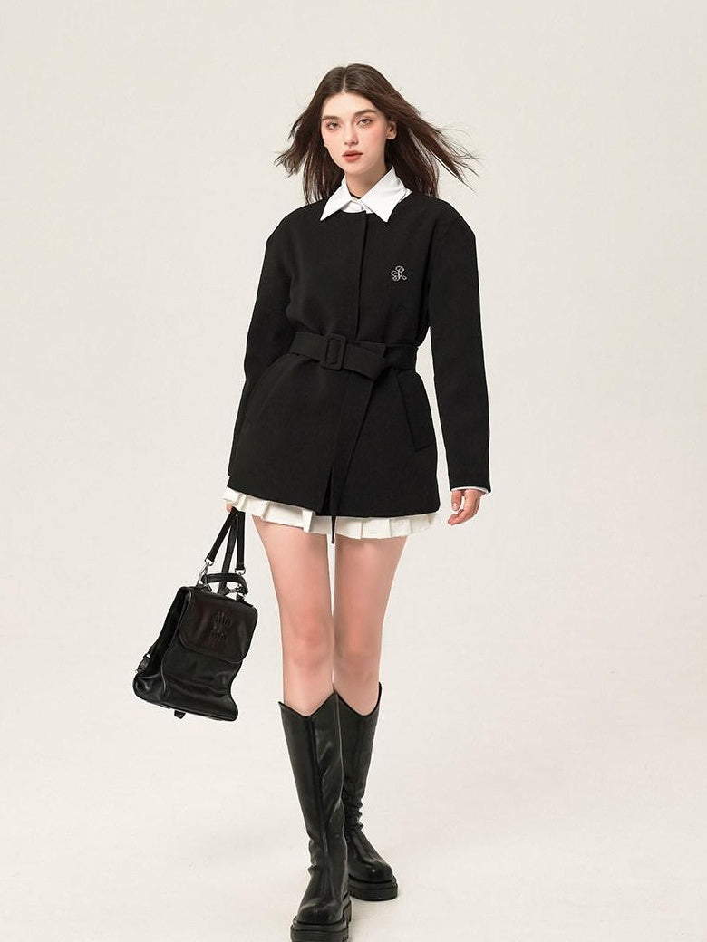 ikyou Versatile Belted Relaxed Fit Office Casual Women Polyester Black Blazers