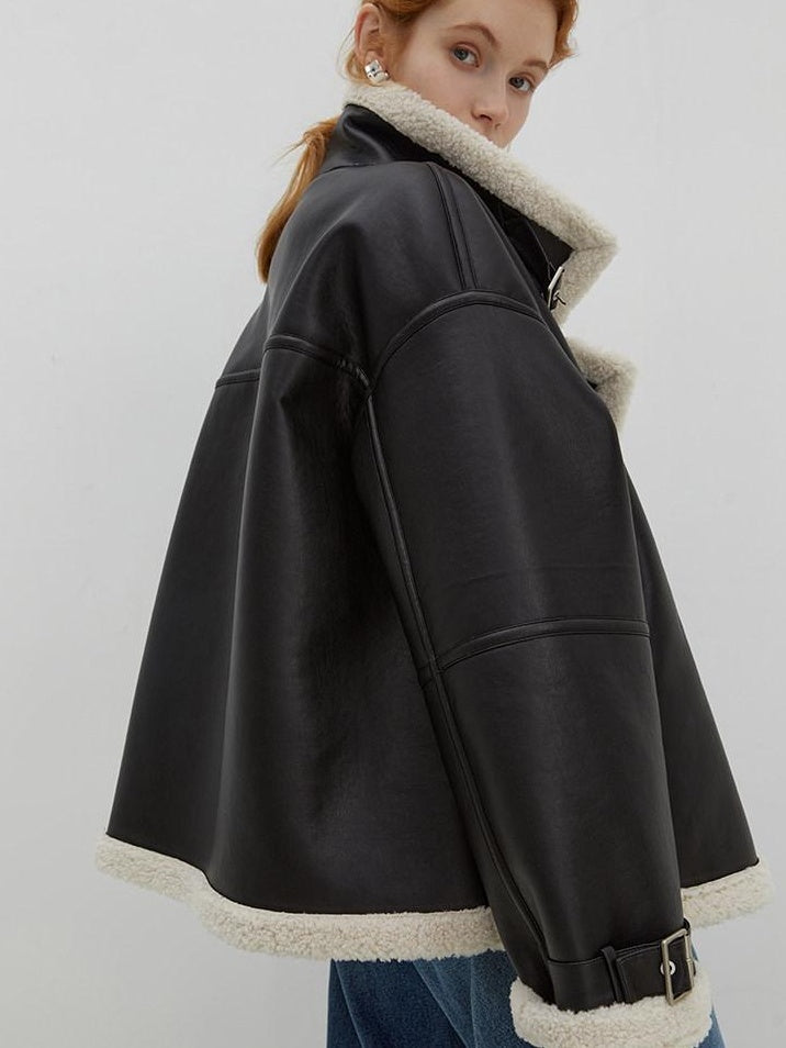 fano Thick Loose Fit Commuter Viscose Zipper Women Black Leather Jackets
