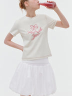 fano Butterfly Bow Print Cotton Blend Slim Korean Crew Neck Beige Basic Crop Tops
